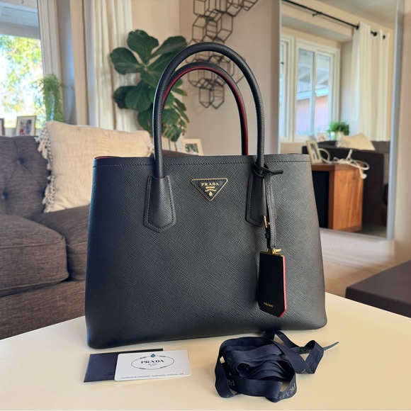 Prada Cuir Double Tote Saffiano Leather Small Black Bag Purse Red Interior - Picture 2 of 16